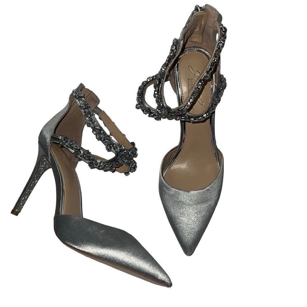 Jewel Badgley Mischka Jazmine Gray Silver Glitter Satin Evening Pump Heels Sz 8